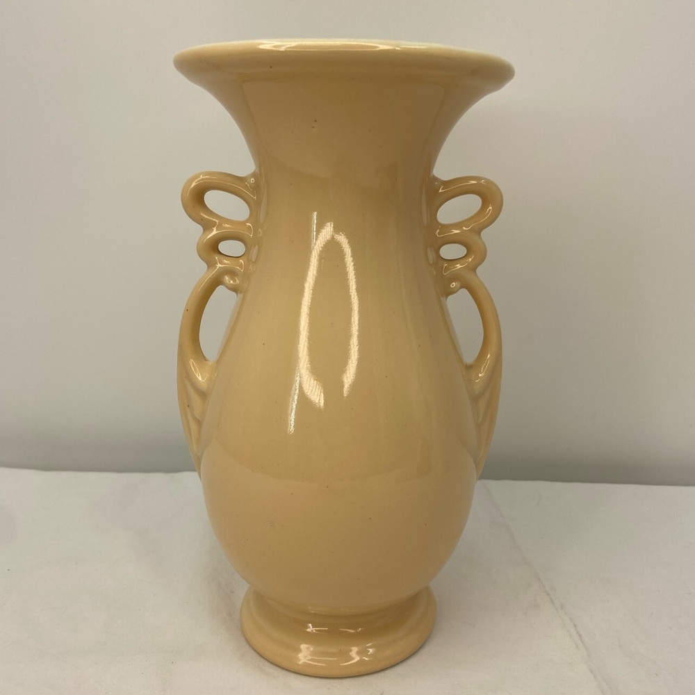 Vase Vintage Abingdon USA Pottery 8.75" Tall Triple Handles Beige Peach Color